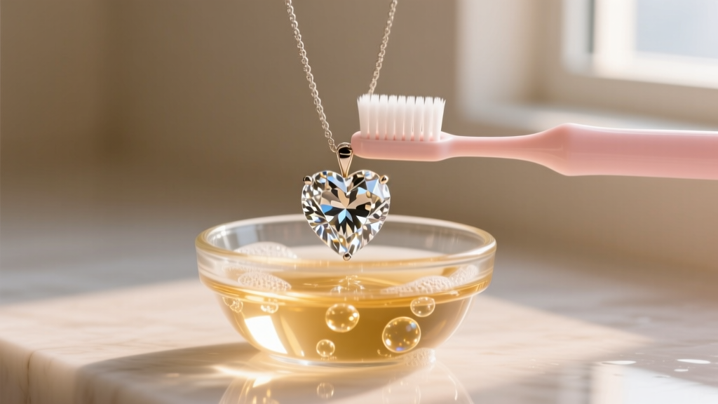 Soft baby toothbrush gently cleaning a large diamond heart pendant submerged in a small glass bowl of warm soapy water