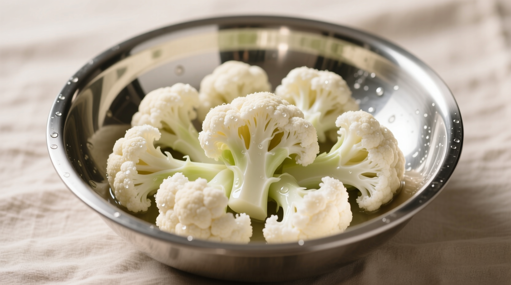 Perfectly steamed cauliflower florets in stainless steel bowl