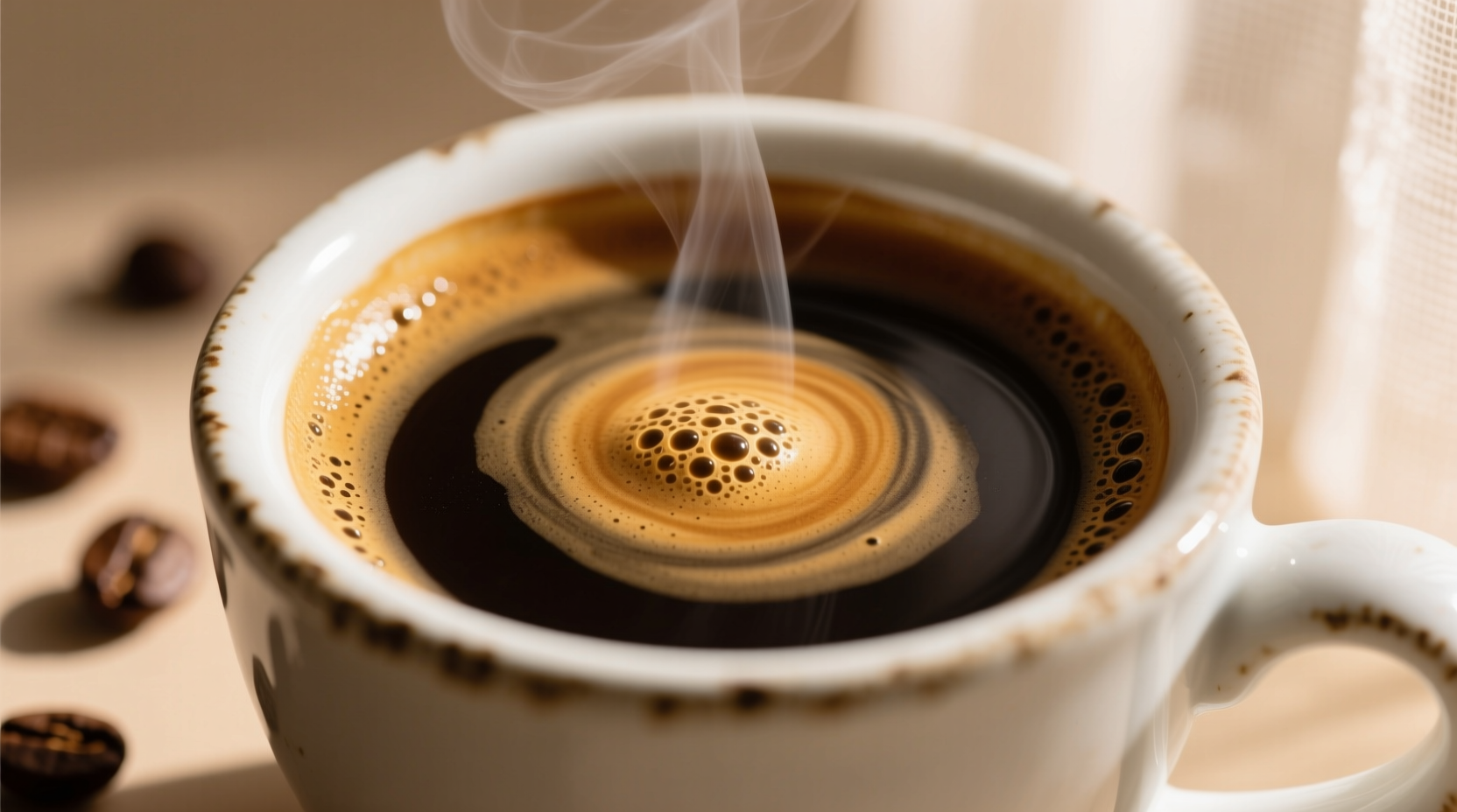 Close-up of rich espresso with crema in a white ceramic cup
