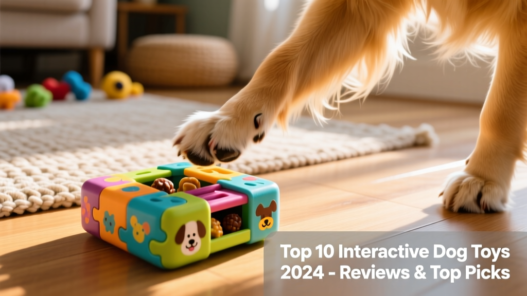 Close-up of a dog’s paw pushing a sliding cover on a colorful puzzle toy with visible treats inside