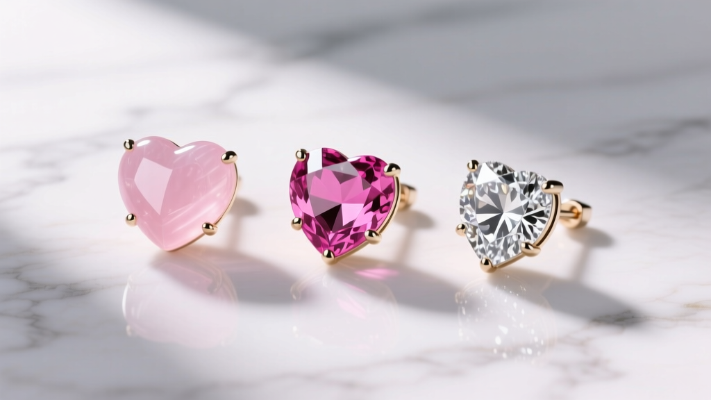 Flat lay of three pink heart earrings on marble: rose quartz, pink sapphire, and cubic zirconia, bright studio lighting for jewelry.