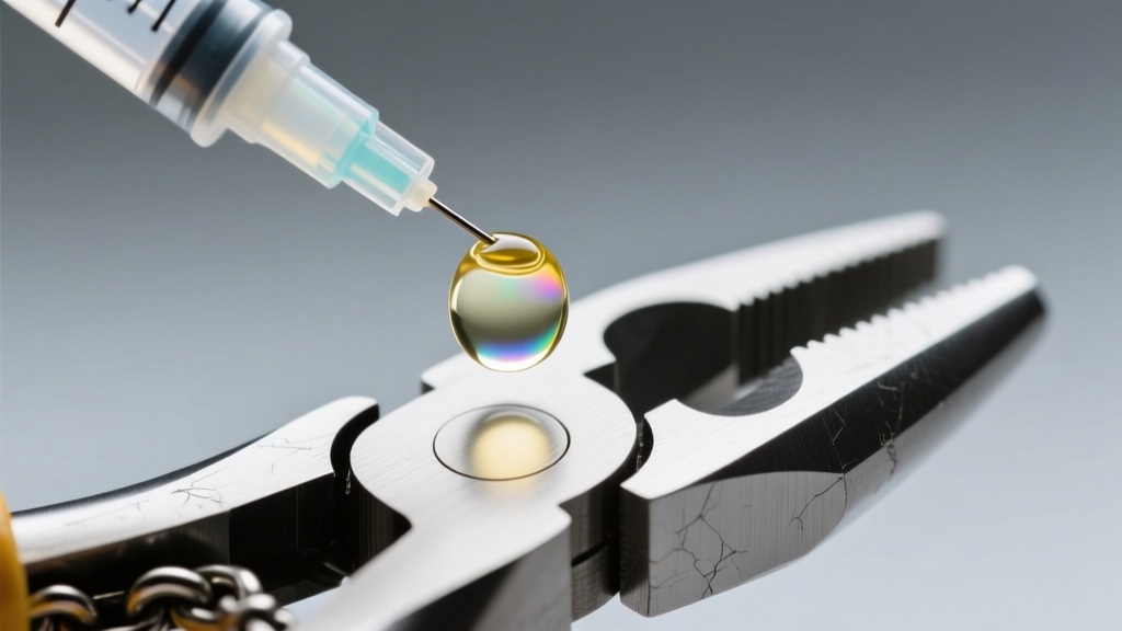 Macro shot of clear sewing machine oil applied to the pivot joint of stainless steel chain-nose pliers using a precision syringe.
