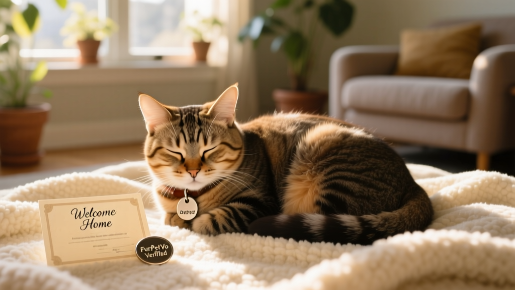 A happy cat curled up on a cozy blanket beside a small adoption certificate labeled 'Welcome Home' and a collar tag engraved with 'FurPetVo Verified'