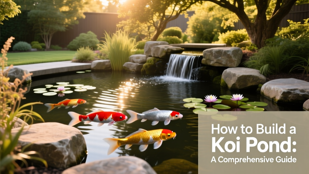 Serene backyard koi pond with mature koi swimming near a gently cascading waterfall