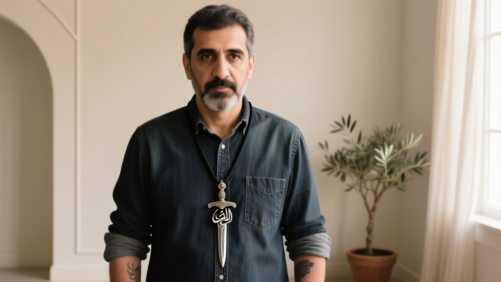 A man wearing a 1.5-inch Imam Ali sword pendant on a 20-inch black cord, styled with a casual dark denim button-down shirt.