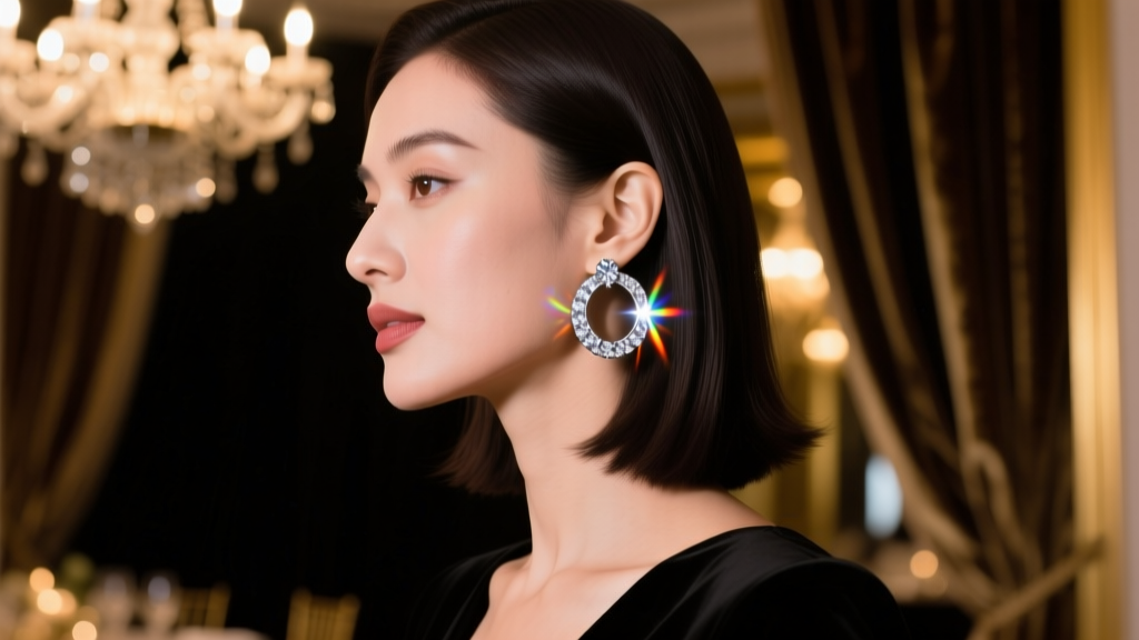 Side profile of a woman wearing 1.00 carat inside-out circle diamond hoops, catching the light at a formal evening event.