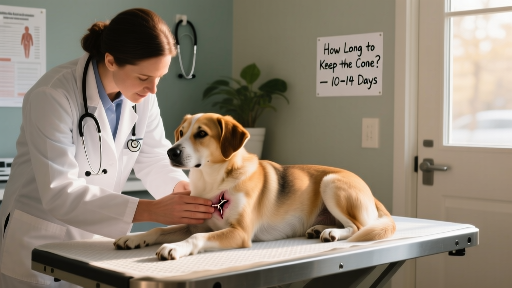 Veterinarian gently checking a dog's spay incision during a follow-up visit