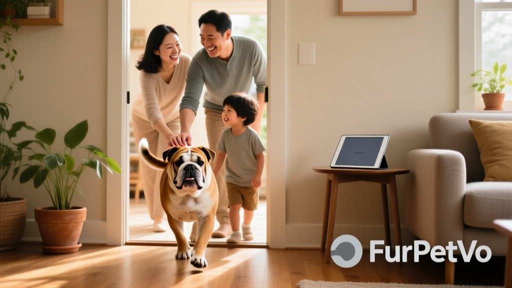 A family smiling as they welcome a Bulldog into their home, with a FurPetVo logo subtly visible on a tablet screen nearby