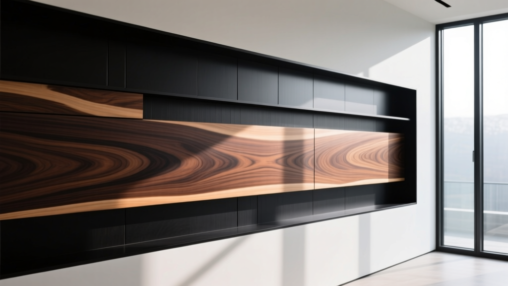 Close-up of polished black walnut and wenge wood planks showing rich dark grain patterns on a modern architectural feature wall