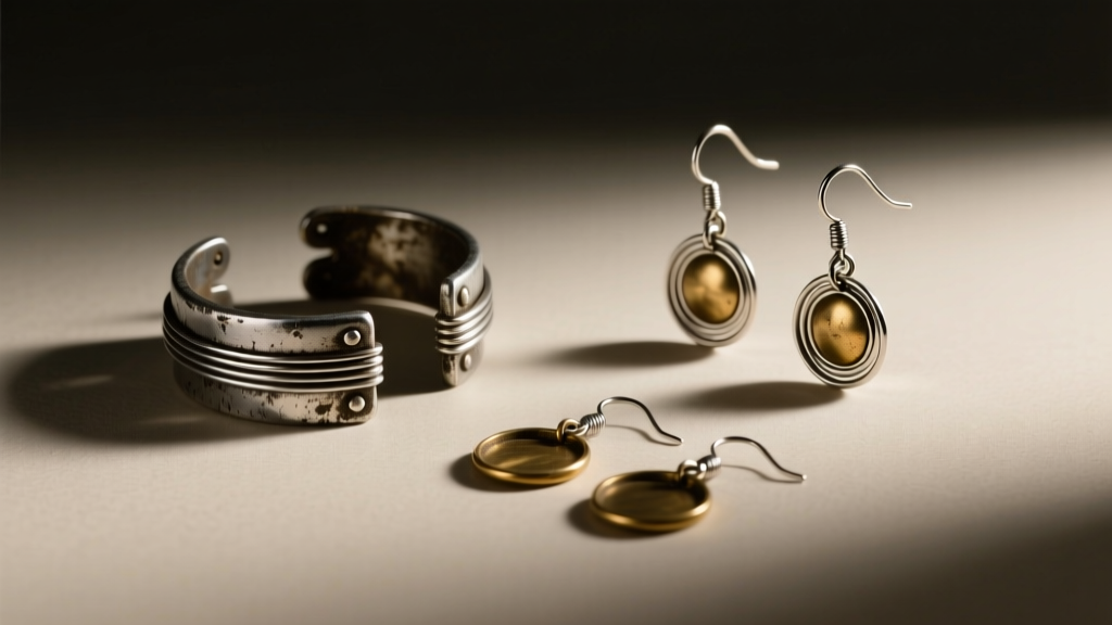 Flat lay of restored 90s grunge ear cuffs and dangles with modern titanium wire replacements under moody studio lighting setup.