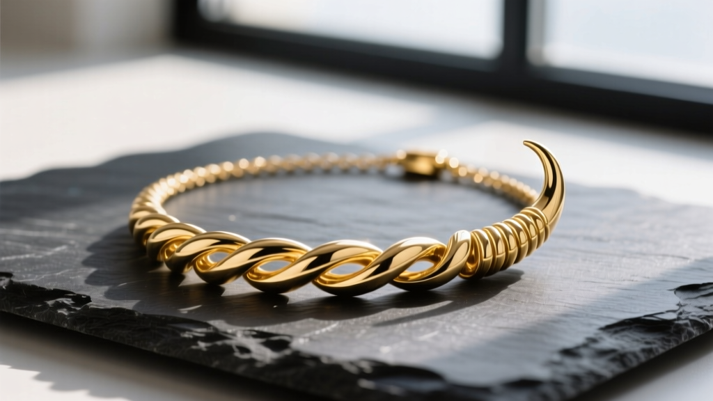 Macro shot of an 18k yellow gold Italian cornicello necklace on dark slate, highlighting the twisted horn shape and high polish.