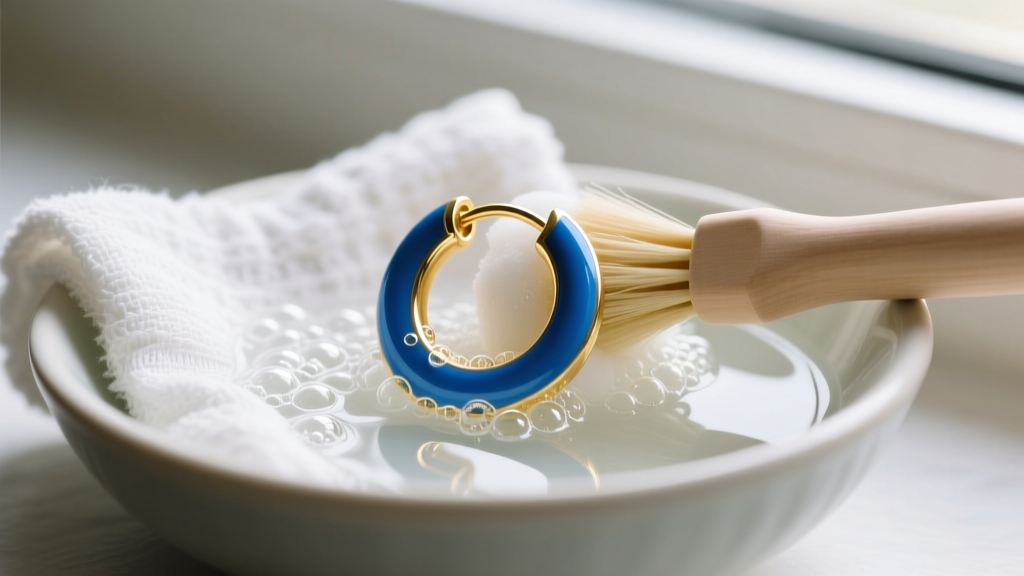 Bowl of soapy water and a soft brush gently cleaning a bright blue enamel and gold huggie earring on a white cotton towel.