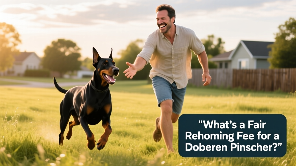 A joyful Doberman Pinscher running through a grassy field toward its new owner, both smiling