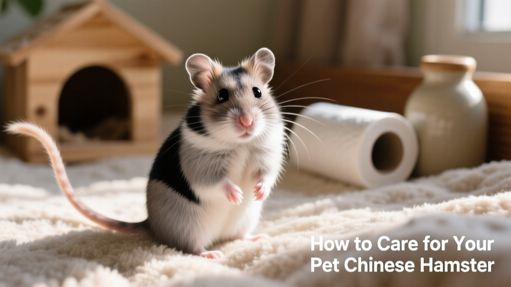 Close-up portrait of a Chinese hamster sitting alertly on soft bedding, showing its distinctive black dorsal stripe and long tail