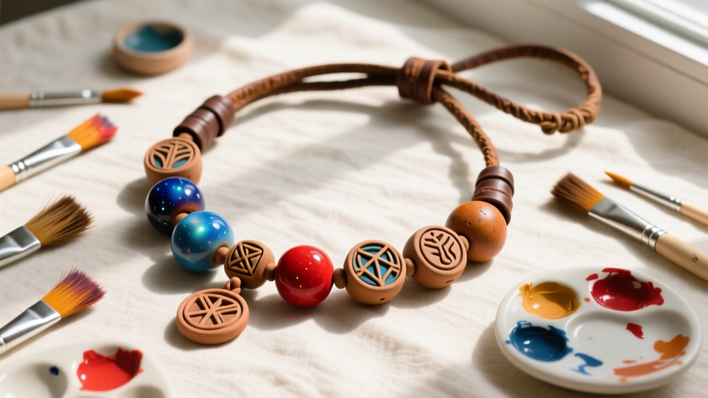 Flat lay of handmade Camp Half-Blood style clay beads on a worn leather cord, surrounded by paintbrushes and acrylic paints.