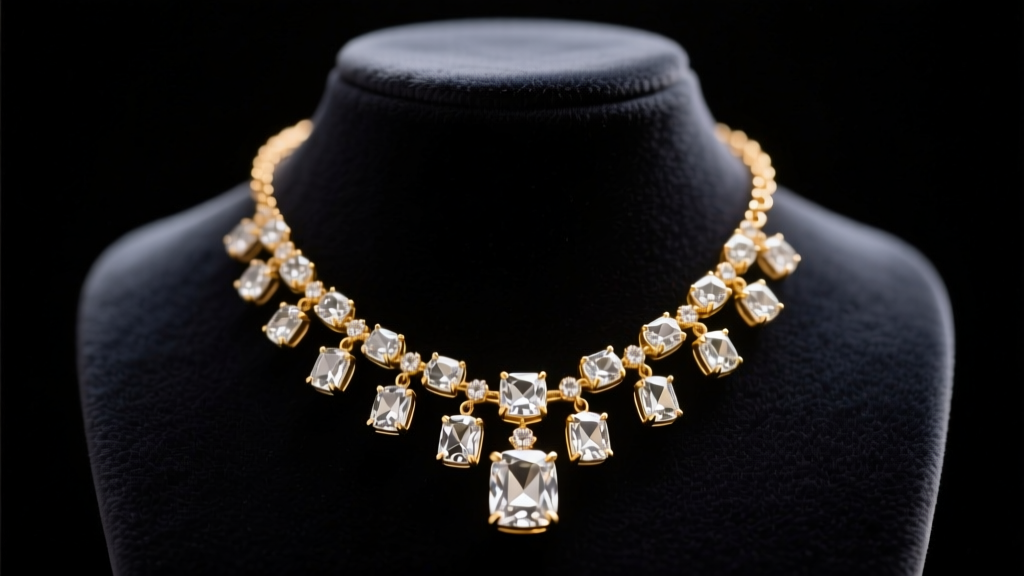Gold-plated brass necklace with clear cubic zirconia pendants resting on dark velvet display bust under soft warm studio lighting