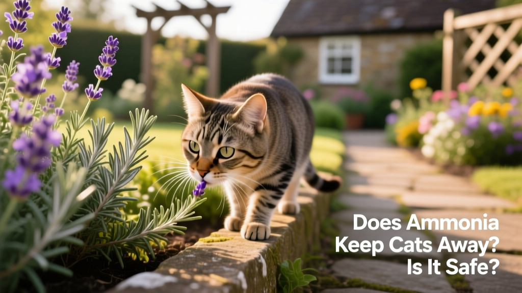 A cat cautiously sniffing near a garden border with aromatic herbs like lavender and rosemary