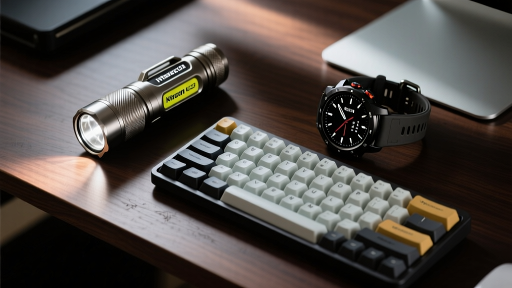 Flat lay of Nitecore EDC29 flashlight, Keychron Q0 Max macro pad, and Garmin Fenix 8 on a dark walnut desk with moody lighting