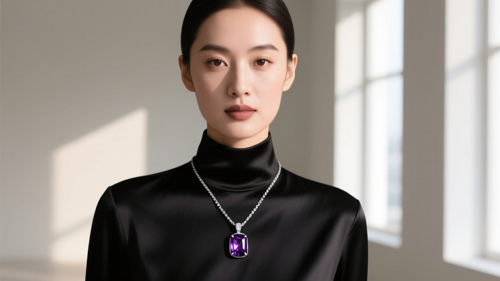 Woman wearing an amethyst silver pendant, chain resting elegantly on her collarbone over a dark top in soft natural window light