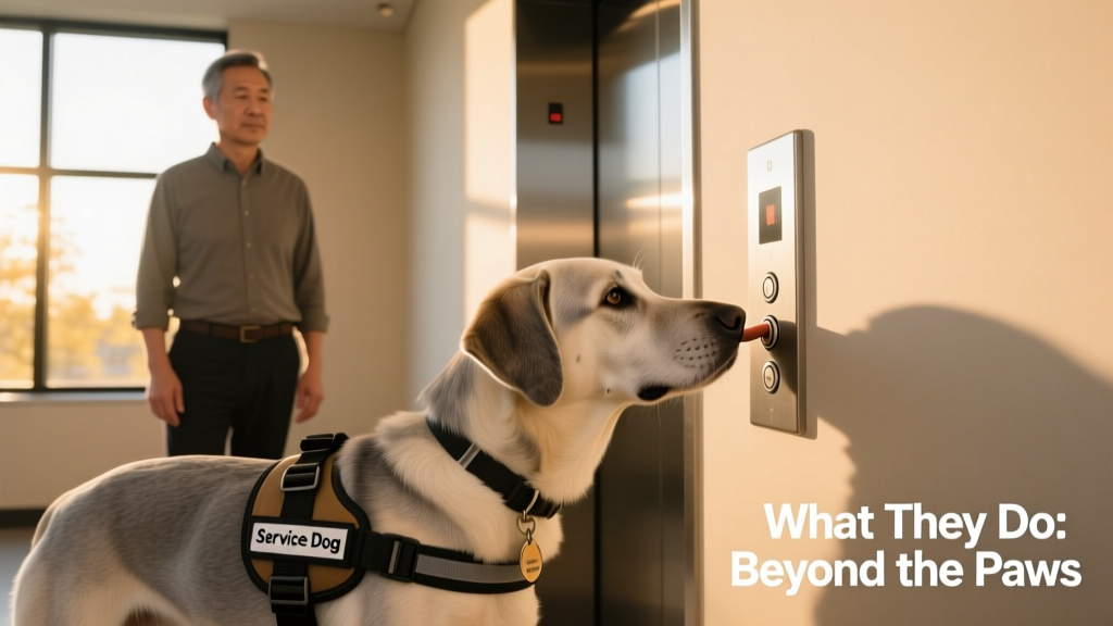 A mobility assistance dog calmly pressing an elevator button with its nose while its handler waits nearby