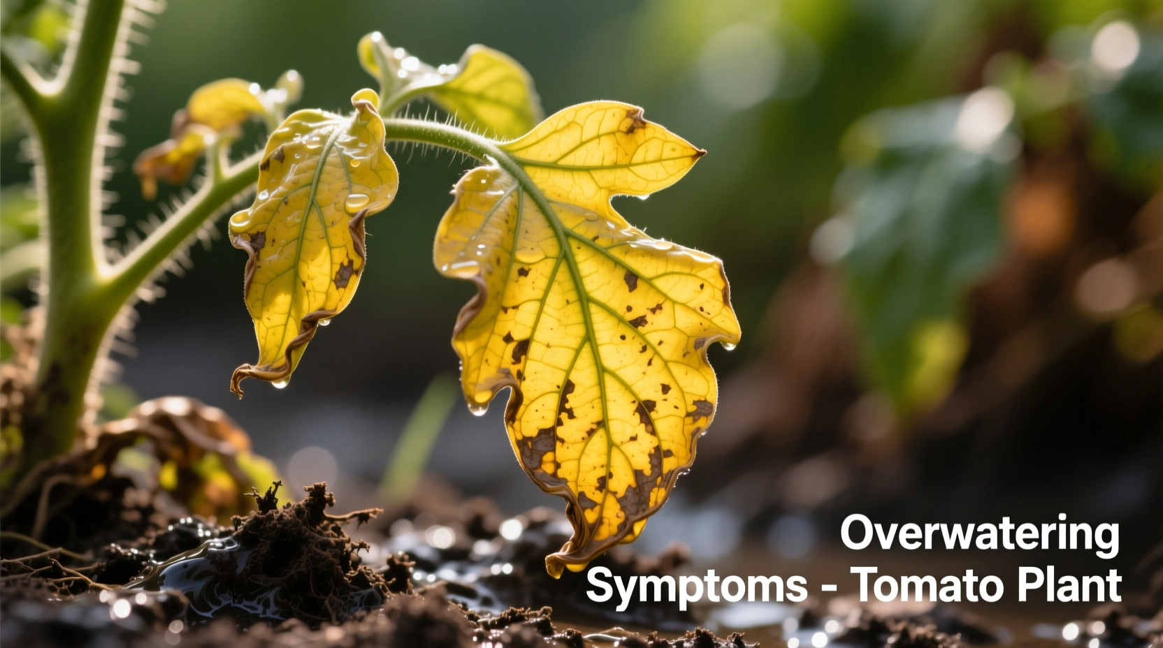Close-up of yellowing tomato leaves showing overwatering symptoms
