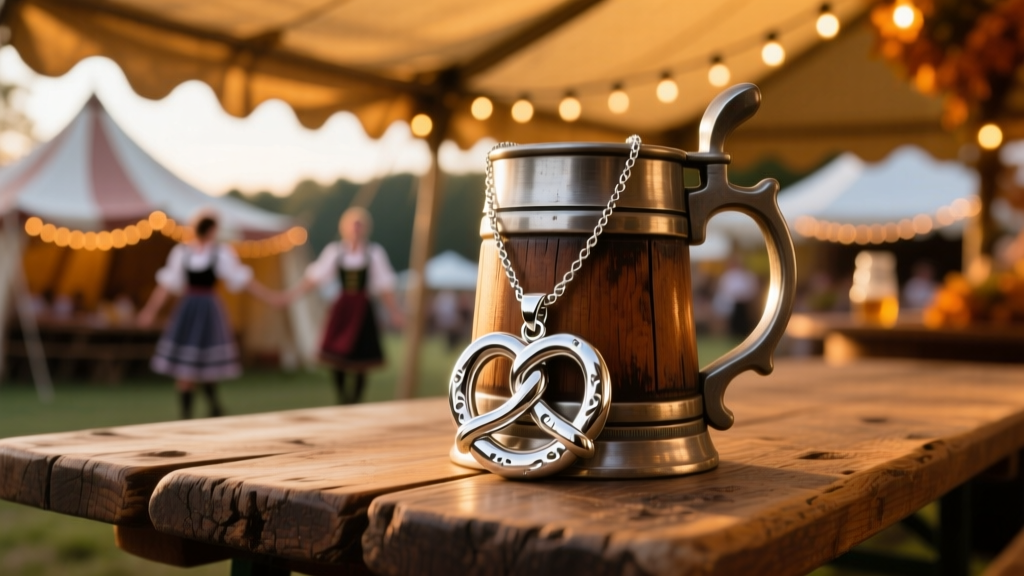 Close-up of a sterling silver pretzel pendant necklace resting on a rustic wooden beer stein table, soft Oktoberfest tent lighting