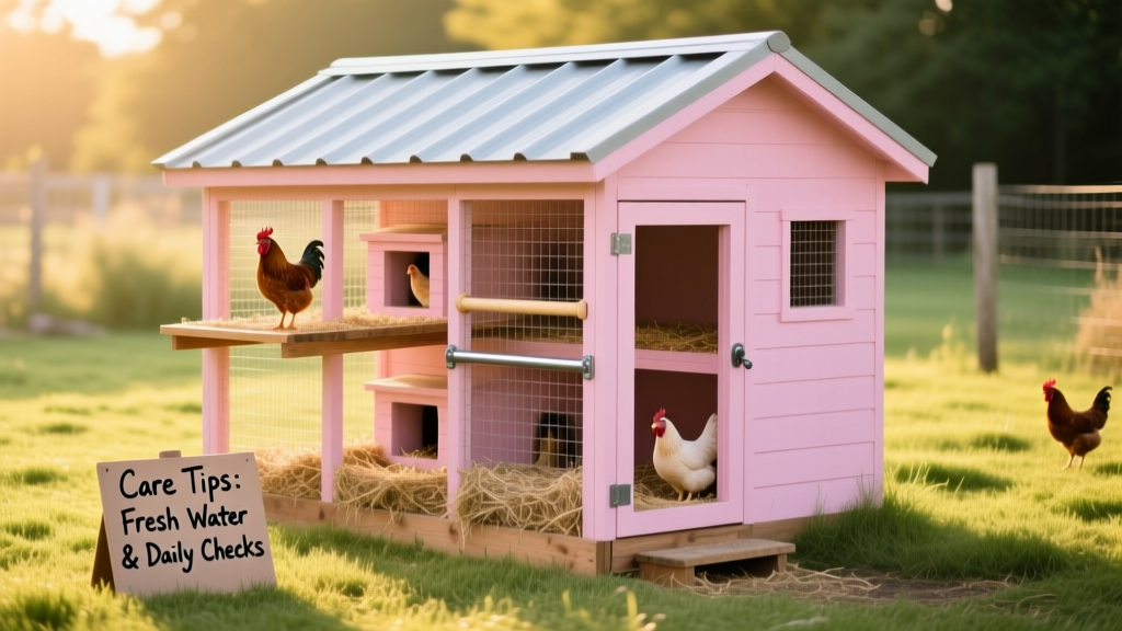A tidy, pink-painted chicken coop with secure wire mesh walls and roof, surrounded by a grassy run with visible nesting boxes and roosting bars inside