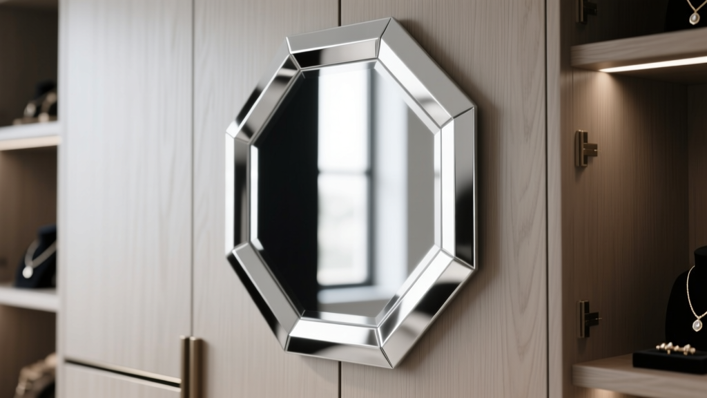 Close-up of a beveled silver-backed mirror edge on a jewelry armoire, showing flawless reflection without black desilvering marks