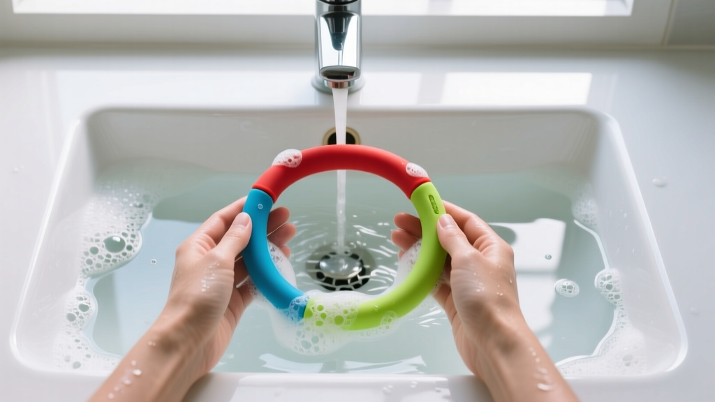 Overhead view of hands washing a colored silicone sports necklace in a white sink with mild, clear liquid soap and light suds.