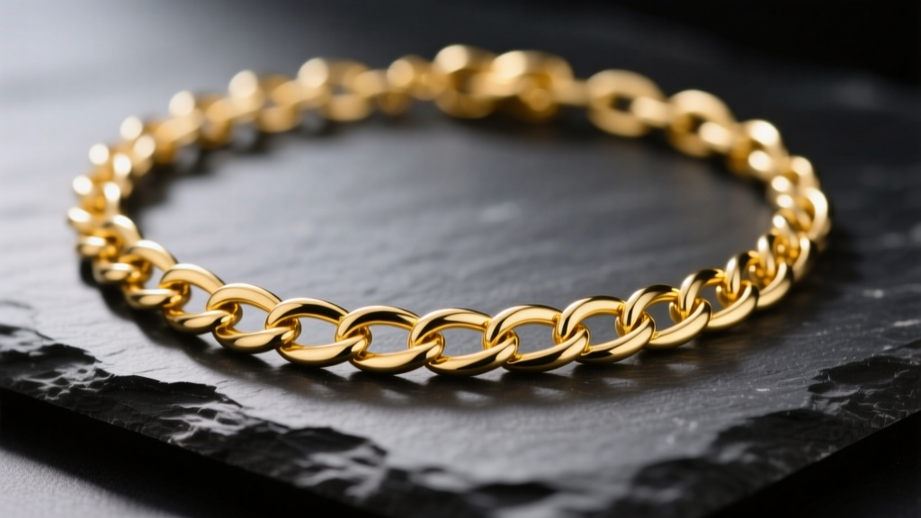 Macro shot of a gold vermeil chain necklace on dark slate, highlighting the rich yellow-gold tone and detailed link construction