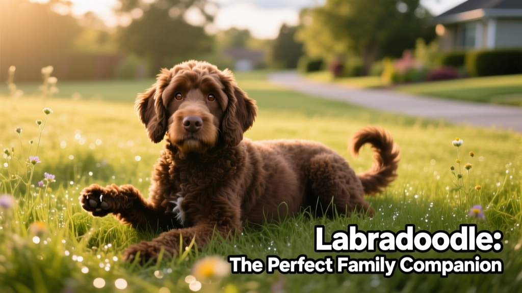 Chocolate labradoodle lays in grassy field