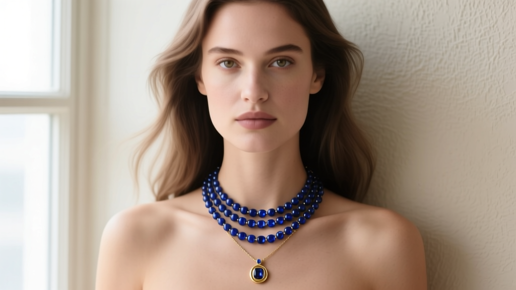 Woman wearing a layered necklace stack featuring a 16-inch sapphire station necklace and a simple gold pendant, chest-up portrait.