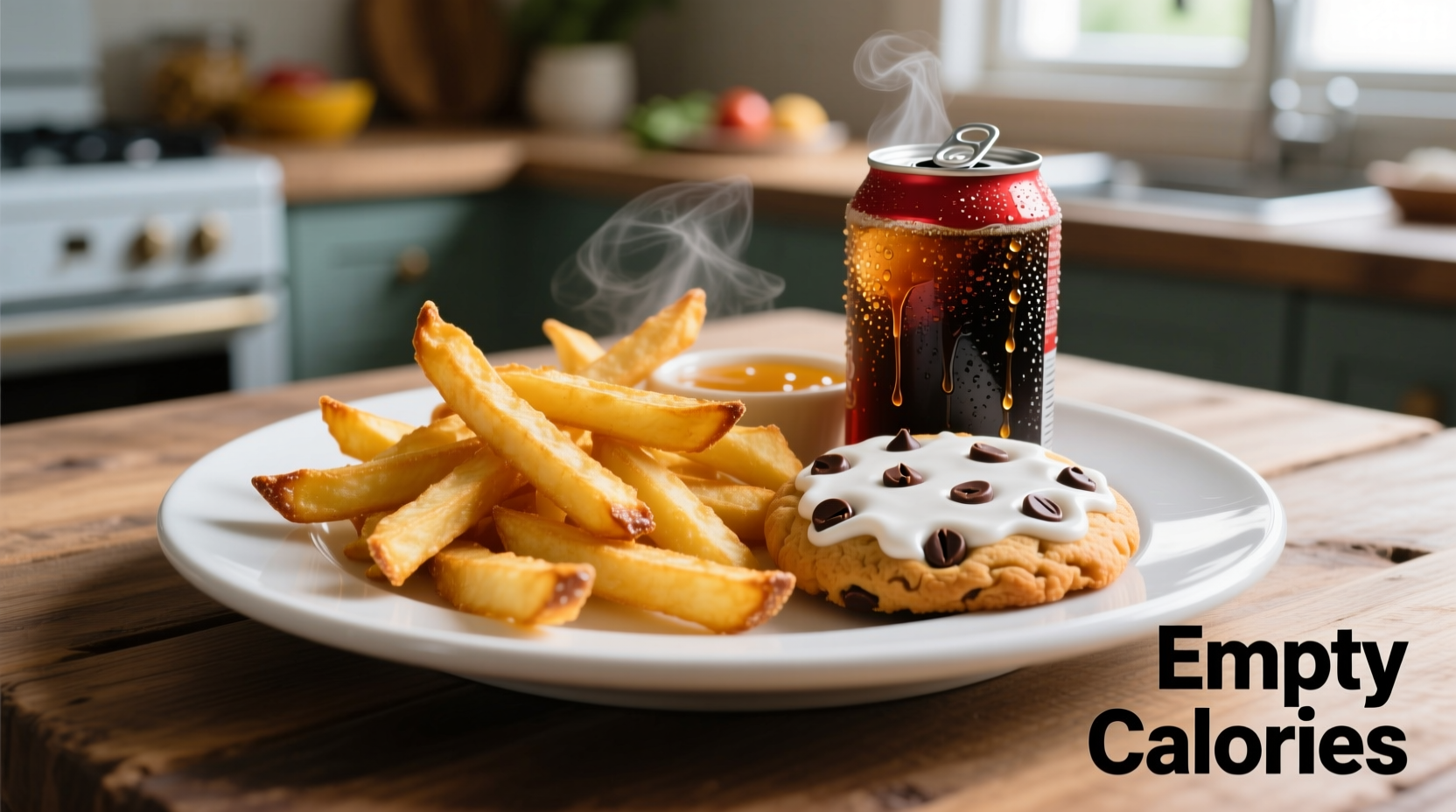 Plate with common weight-gain foods including soda, fries, and cookies