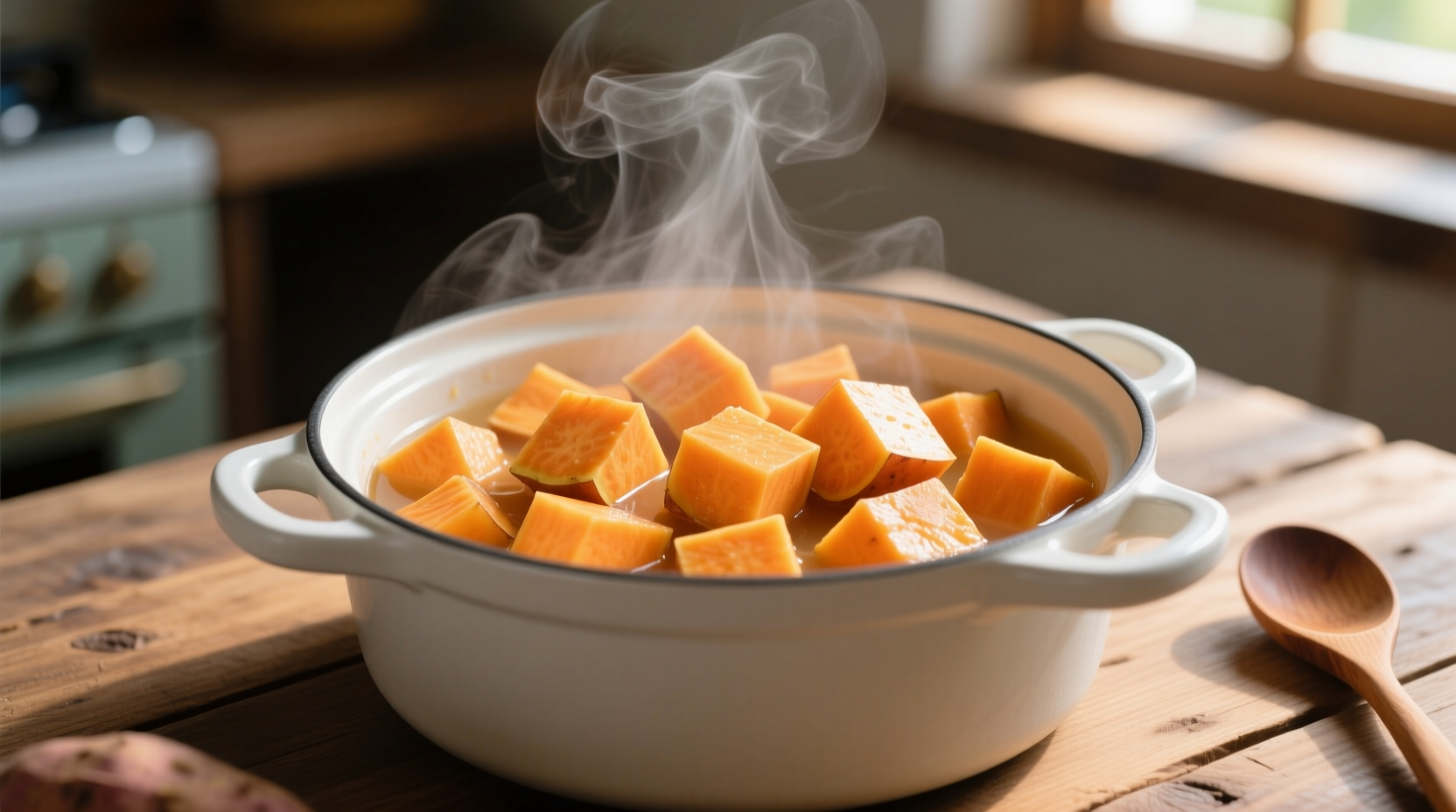 Perfectly boiled sweet potato cubes in a pot
