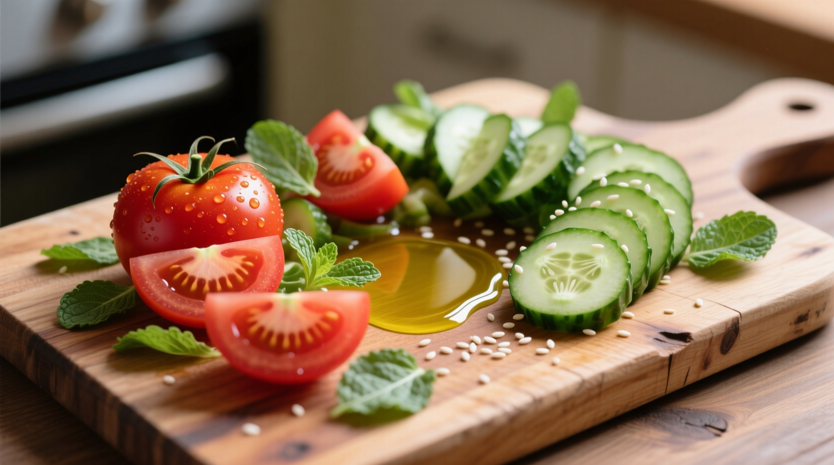 Fresh tomato cucumber salad ingredients on wooden board