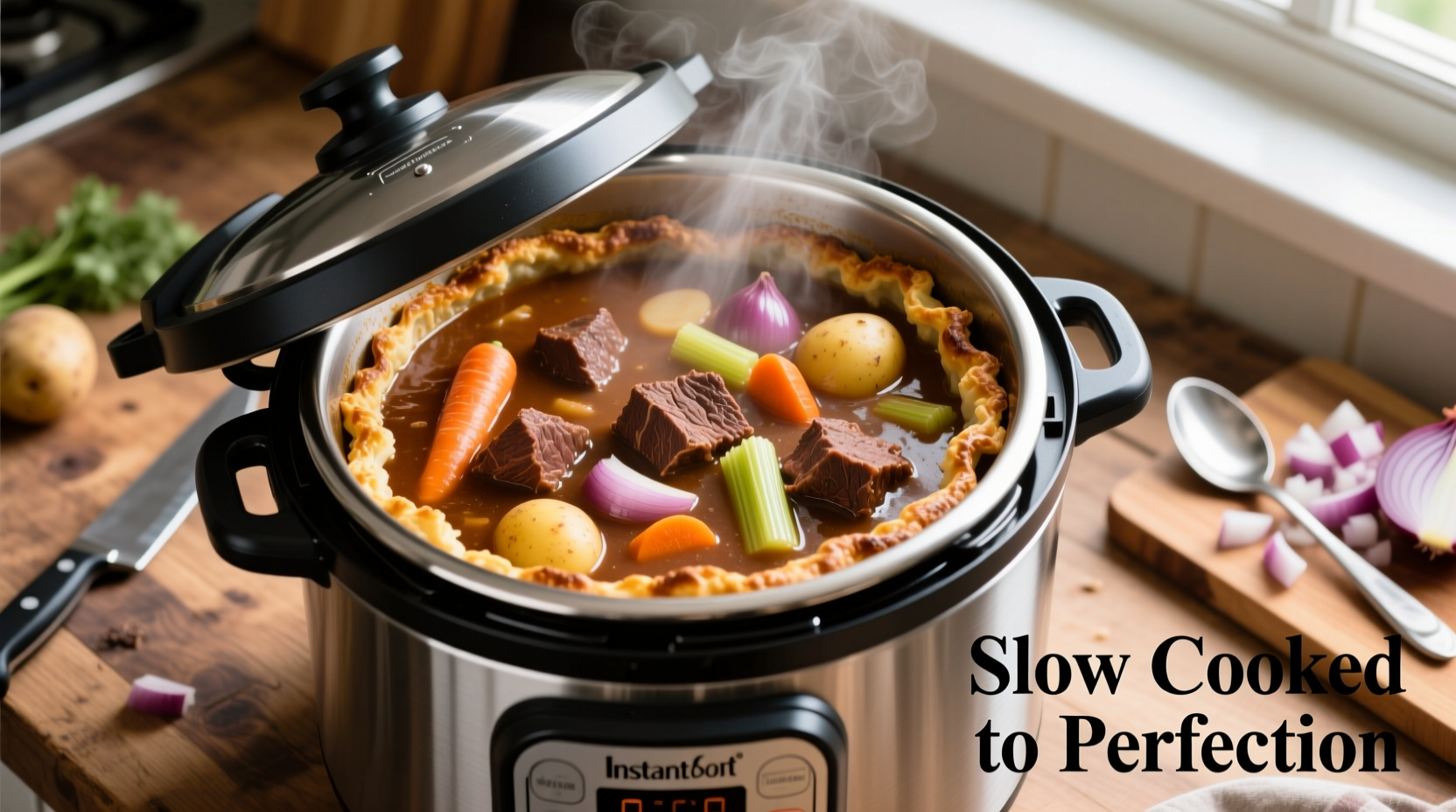 Instant Pot slow cooking beef stew preparation