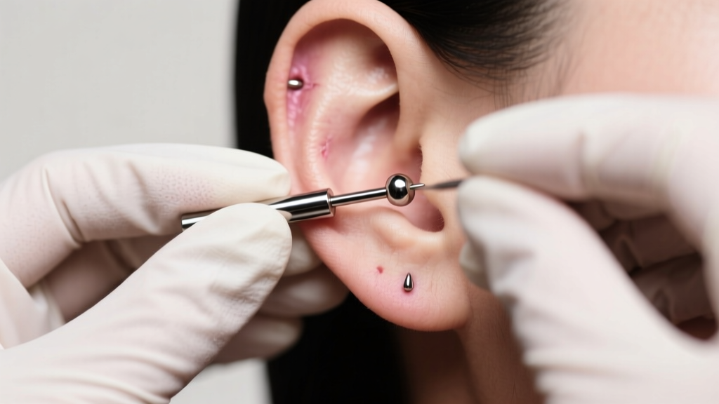 Gloved hands inserting a flat-back titanium labret stud into a freshly healed earlobe piercing under soft studio lighting setup.