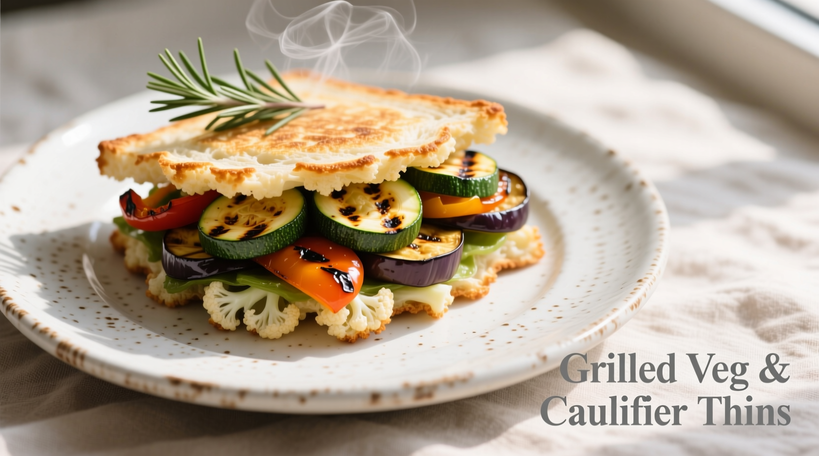 Cauliflower sandwich thins with grilled vegetables on plate