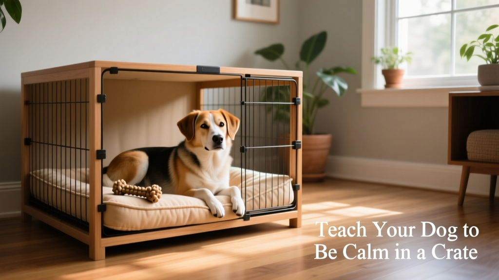 A relaxed dog resting calmly inside a well-appointed crate with a soft bed and chew toy