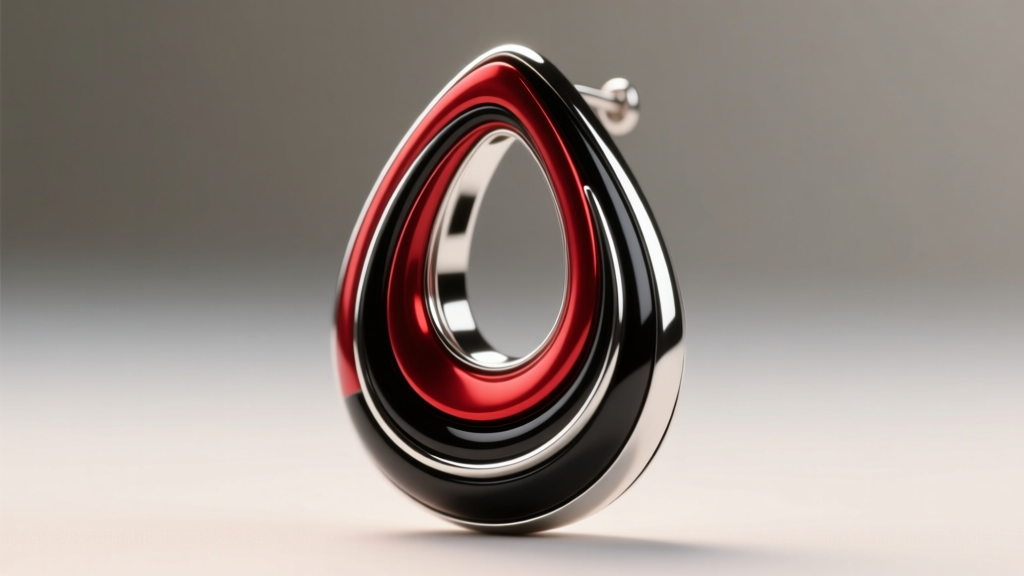 Macro photography of a polished teardrop fordite earring revealing vibrant concentric layers of red, black, and silver car paint