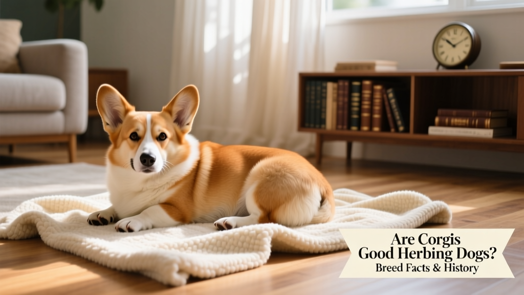 A sleeping Corgi curled into a 'loaf' position on a cozy blanket indoors