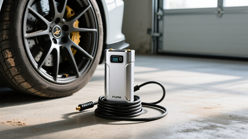Compact metallic jump starter and tire inflator combo sitting on a concrete garage floor next to a sports car tire with cables wrapped
