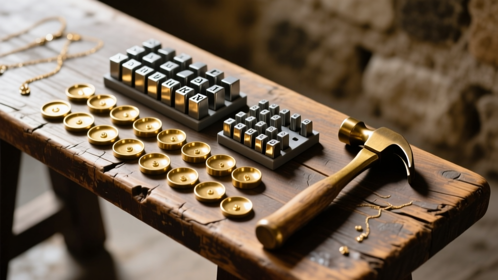 Overhead shot of a stamped jewelry kit with brass blanks, steel letter stamps, and a brass hammer on a scarred wooden bench.