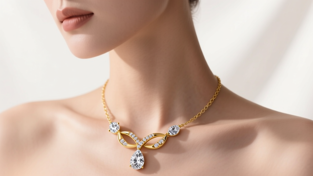 Elegant woman wearing a 14k yellow gold Toi et Moi necklace with intertwined pear and oval diamonds against soft studio lighting