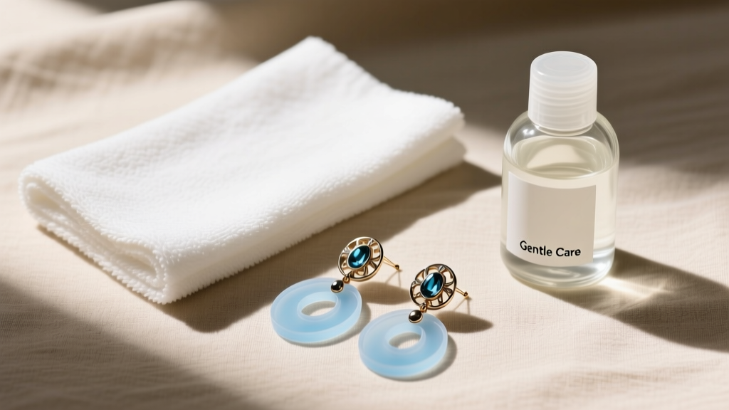 Flat lay of fashion jewelry cleaning supplies, microfiber cloth, mild soap, and silicone earring support patches for heavy dangles