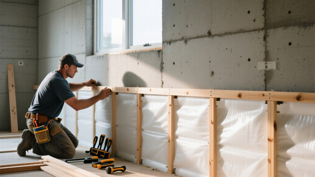 Contractor installing pressure-treated furring strips and moisture barrier on a poured concrete basement wall before hanging drywall panels