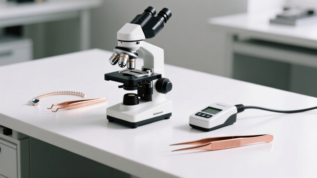 A modern permanent jewelry welding kit on a white workbench, featuring a microscope, foot pedal, and copper tweezers.