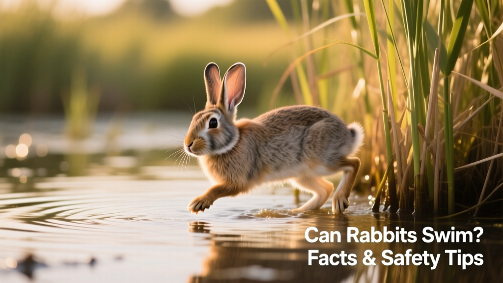 Wild rabbit cautiously stepping into shallow water near reeds