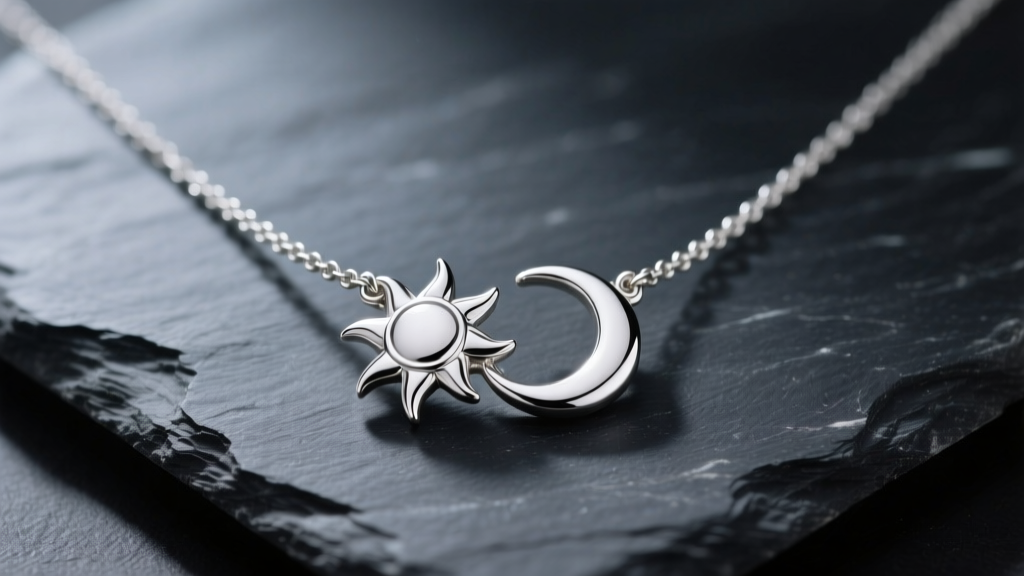 Polished sterling silver sun and moon matching necklaces interlocking on dark slate stone under soft directional studio lighting
