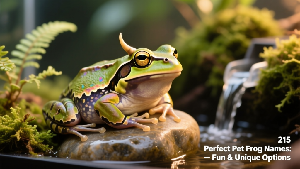 A close-up portrait of a calm, expressive horned frog resting on a smooth stone inside a naturalistic FurPetVo terrarium setup